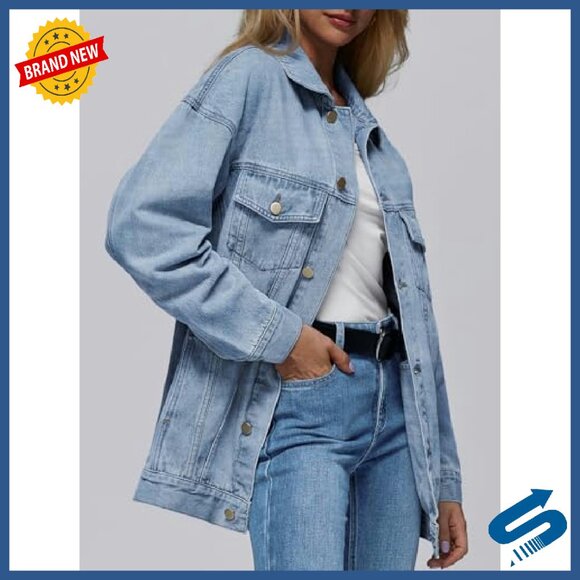 Oversized Denim Jacket Boyfriend Fit Chest Pockets Distressed Details - Picture 4 of 6
